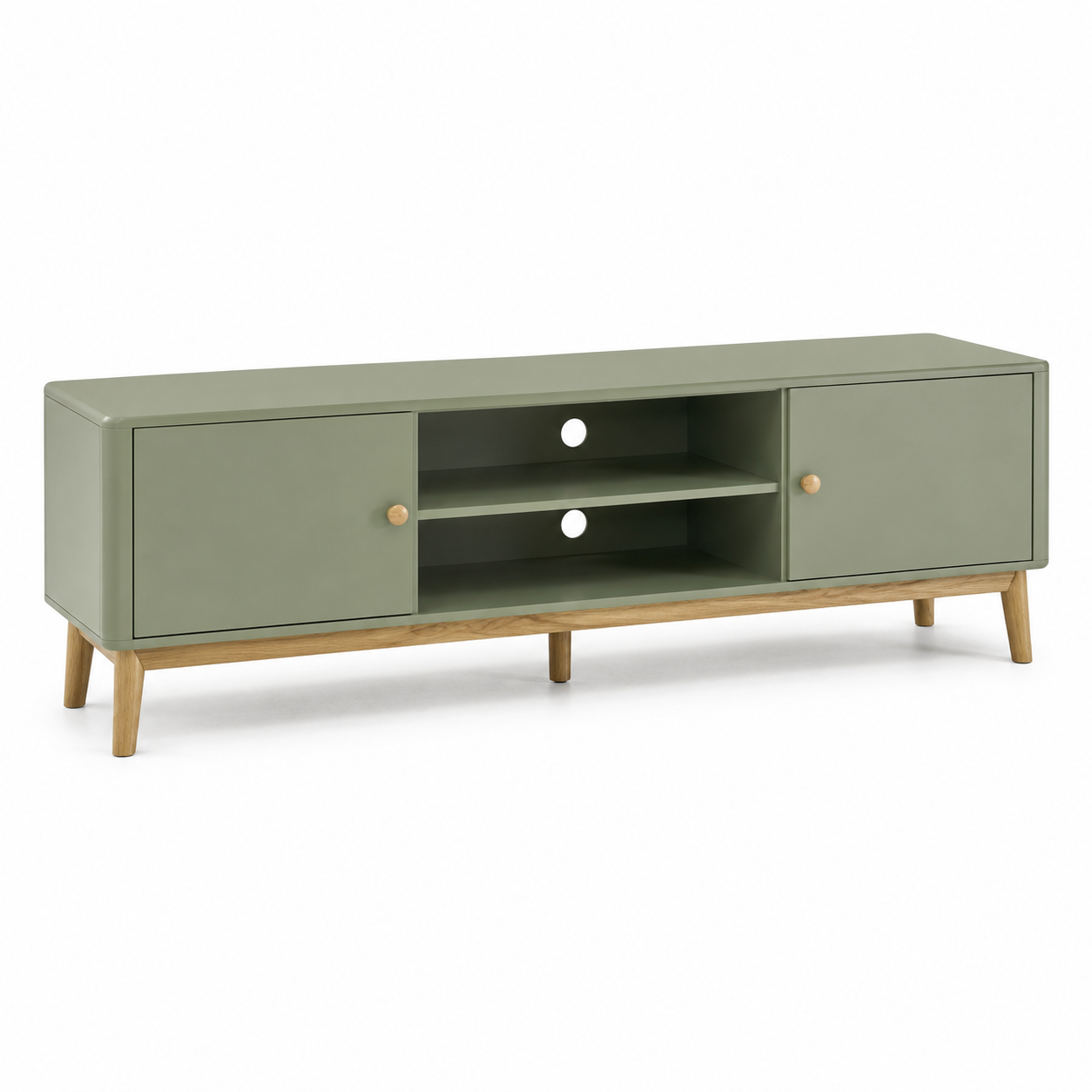 Meuble TV vert sauge avec pieds en chêne 150x40x50 cm