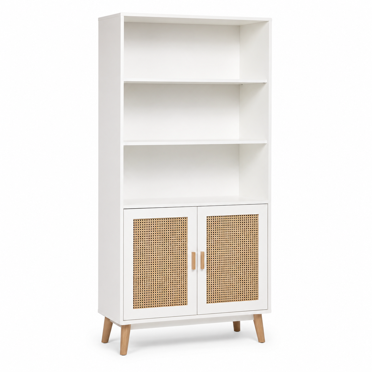 Bibliothèque blanche et cannage avec 2 portes 90x35x180 cm