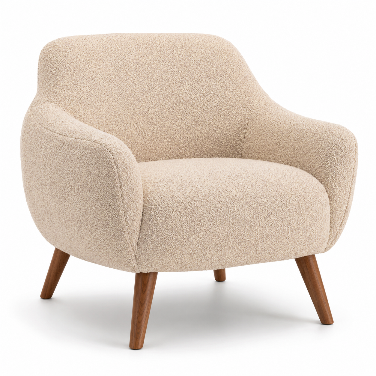 Fauteuil lounge en tissu bouclé beige avec pieds bois 78x82x78 cm