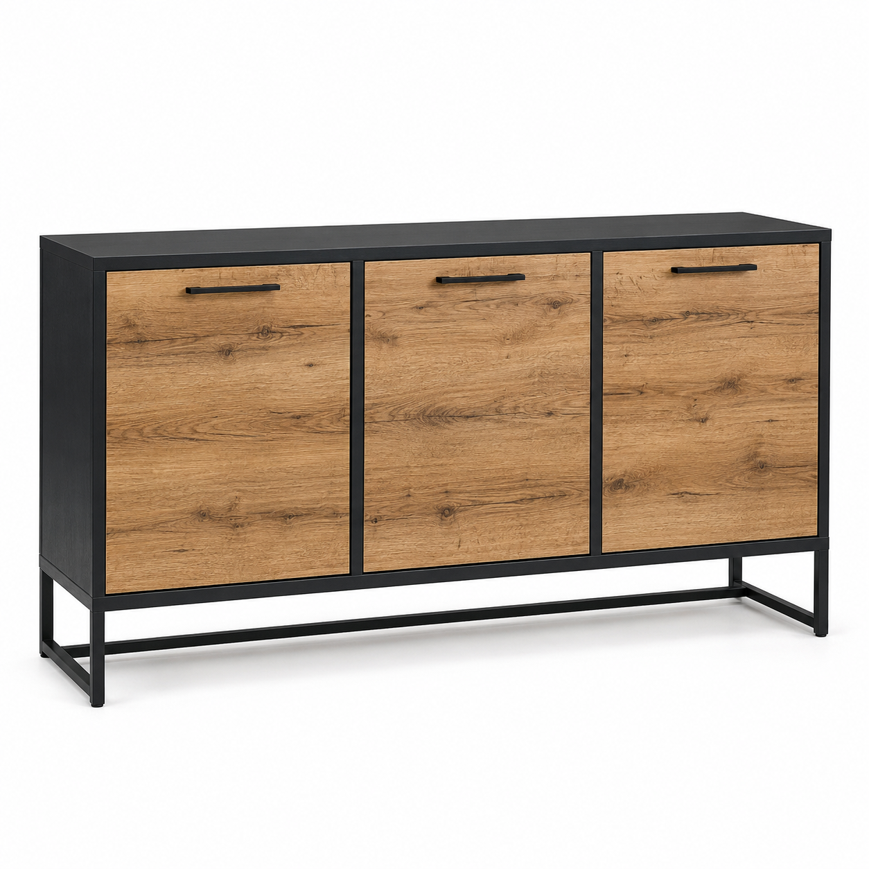 Buffet noir et chêne 3 portes style industriel 150x42x85 cm